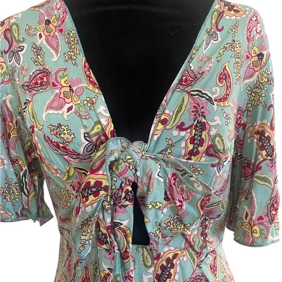 BohoTeal and Pink Paisley Tie-Front cut out Dress, Large, New - Picture 3 of 8